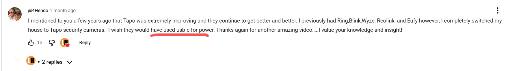 YouTube comment from a customer who switched from competing security camera brands to Tapo