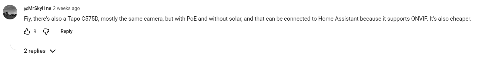 YouTube comment highlighting C575D PoE, Home Assistant and price advantages