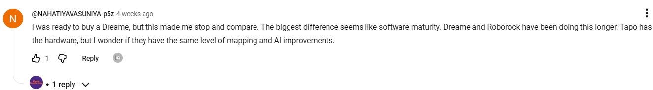 Audience comment comparing Tapo software maturity with established robot vacuum brands